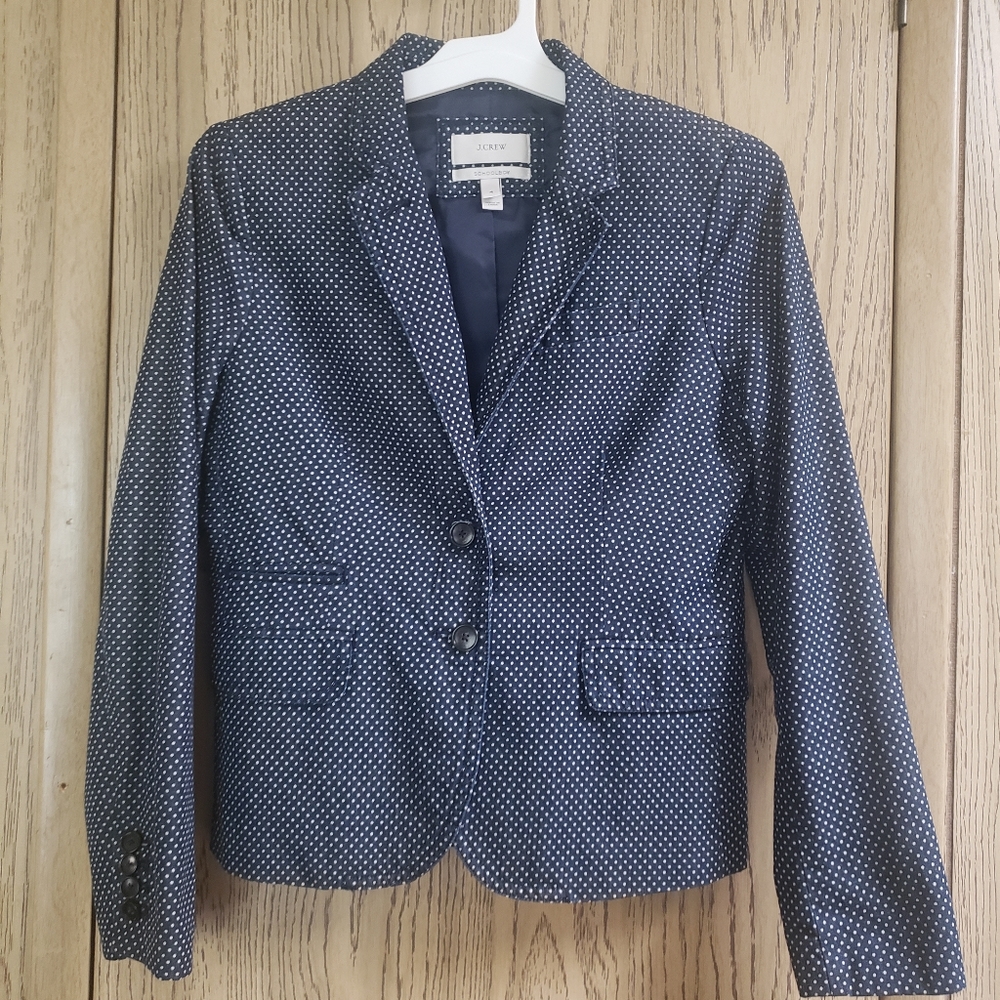 J Crew Schoolboy Blazer Jacket Size 4 Blue White Polka-dots Preppy Old Money